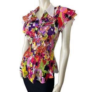NWT Cathaya's Slimming S/S Blouse w/Colorful Floral Ruffles & Pleated Bodice SzM